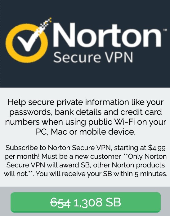 Earn 1,308 SB w/ Norton VPN Subscription