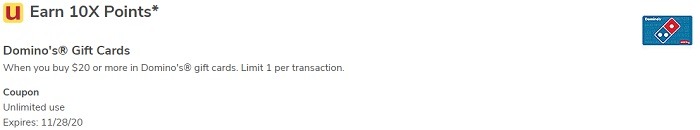 Earn 10X Points on $20 Domino's Gift Cards