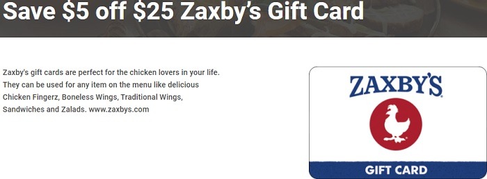 Purchase $25 Zaxby’s Gift Card for $20