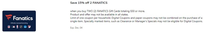 15% Off Two Fanatics Gift Cards Totaling $50+