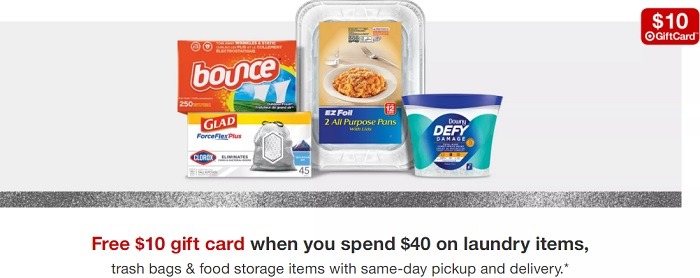 Free $10 Gift Card w/ $40 Spend on Laundry Items, Trash Bags, & Food Storage Items