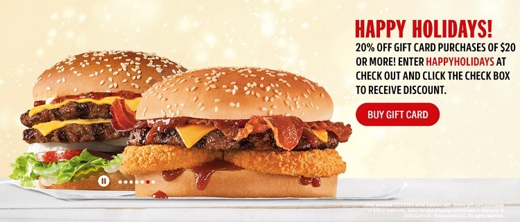 Carl’s Jr. Promotions: Get 20% Off Gift Card Purchase Coupon Code, Etc