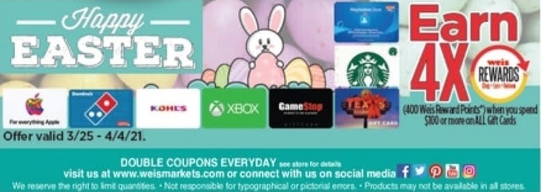 Weis Markets Promotions: Earn 4X Reward Points On All Gift Cards Purchase, Etc