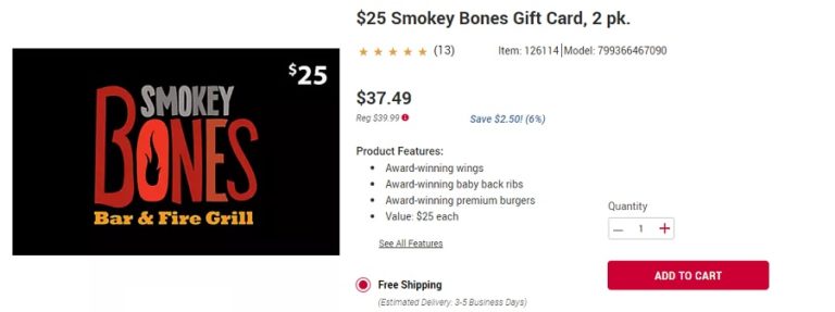 BJ s Wholesale Club Purchase 50 Smokey Bones Gift Card For 37 49