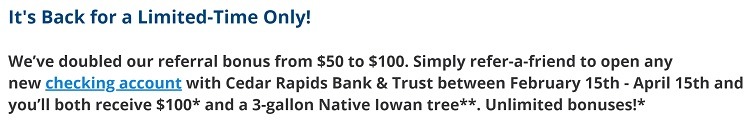 Cedar Rapids Bank & Trust $100 Referral Bonus