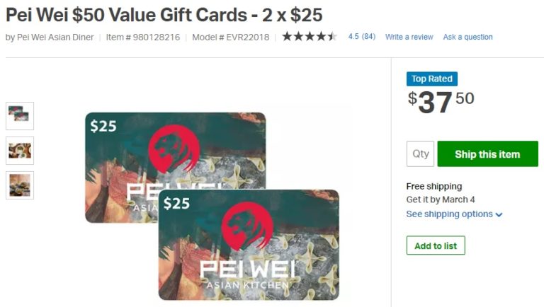 Sam s Club Purchase 50 Pei Wei Gift Card For 37 50
