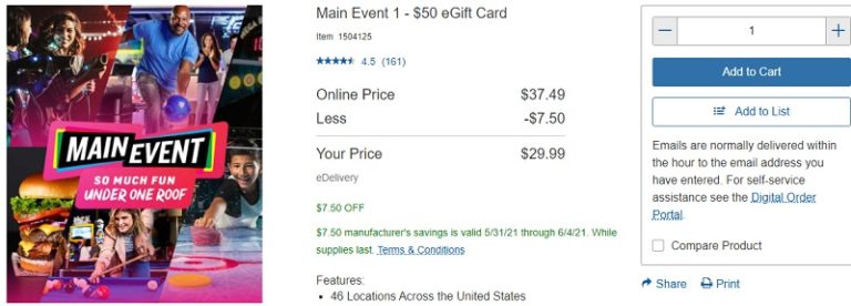 Costco: Purchase $50 Main Event Gift Card for $29.99