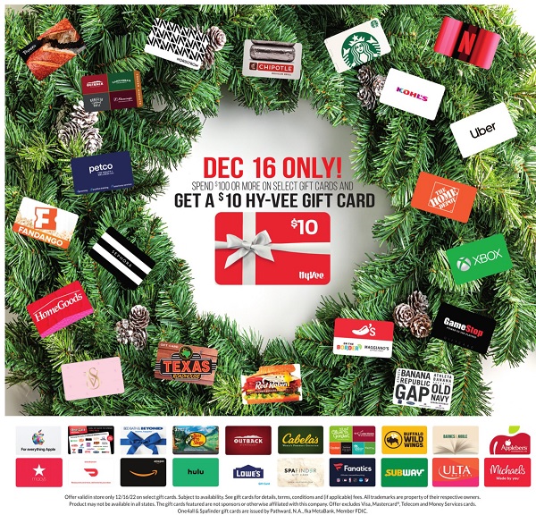 HyVee Promotions Get 10 HyVee Gift Card w/ 100 Select Gift Card