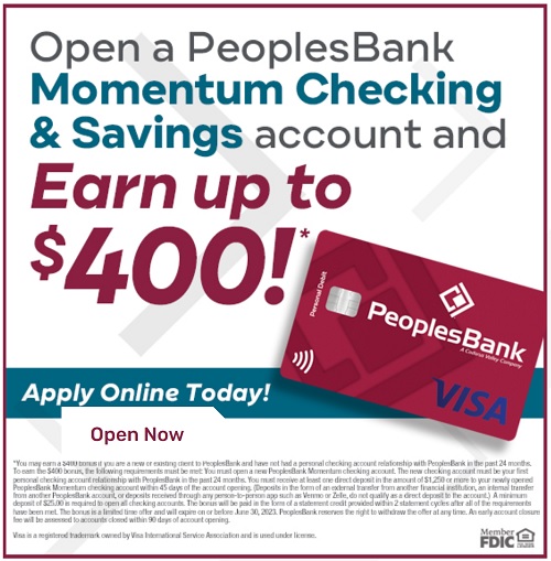PeoplesBank Promotions 400 Checking Bonus (MD, PA) Ends 6/30/23