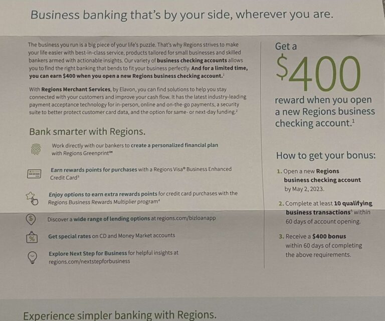 Regions Bank Promotions 50, 150, 300, 500 Checking, Money Market
