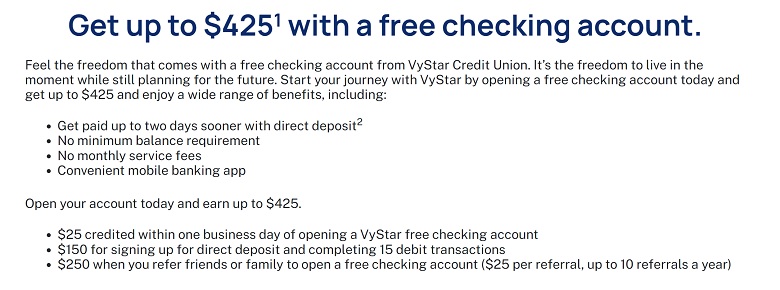 Vystar Credit Union Checking Bonus