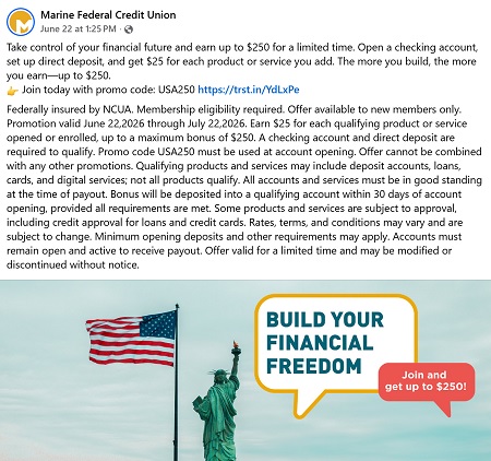 Marine Federal Credit Union Checking Bonus