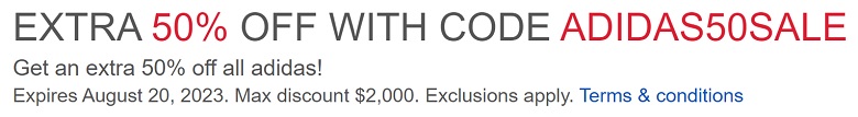 eBay: Extra 50% Off Purchase Coupon at Adidas - Ends 8/20/23