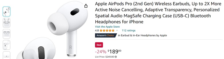  Apple AirPods Pro (2nd Generation) Wireless Ear Buds with USB-C  Charging, Up to 2X More Active Noise Cancelling Bluetooth Headphones,  Transparency Mode, Adaptive Audio, Personalized Spatial Audio : Electronics