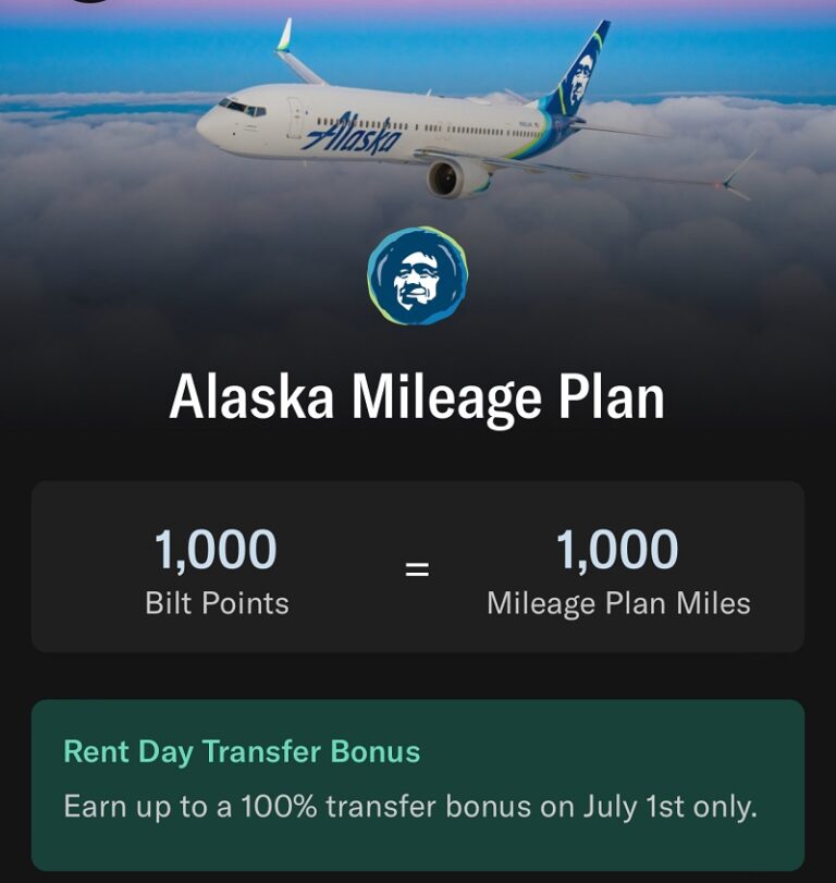 Bilt Rent Day 100 Transfer Bonus to Alaska Mileage Plan