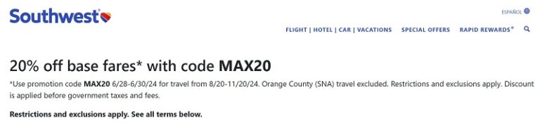Southwest Airlines: Get 20% Off Base Fares Promo Code MAX20 - Ends 6/30/24