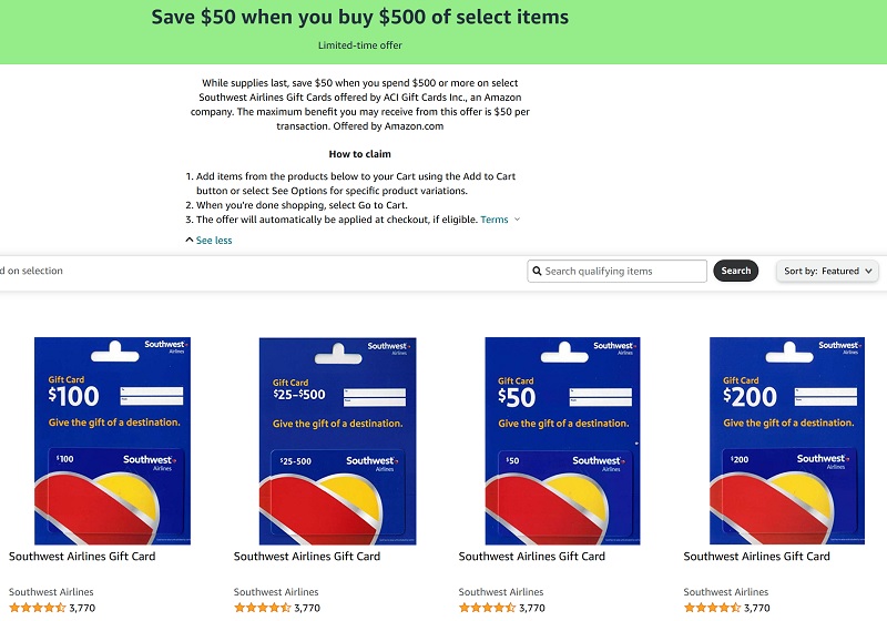 Amazon Southwest Airlines Gift Card Deal