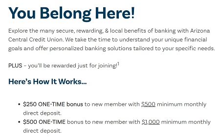 Arizona Central Credit Union Checking Bonus