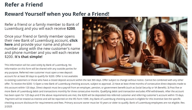 Bank of Luxemburg Checking Referral Bonus